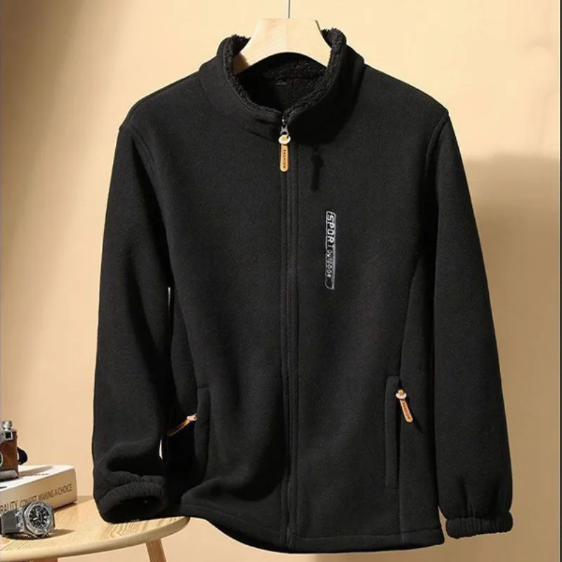 2024Men's New Stand Up Collar Zipper Double Pockets with Thick Fleece Youth Fleece Jacket Men's Autumn and Winter Fleece Jacket