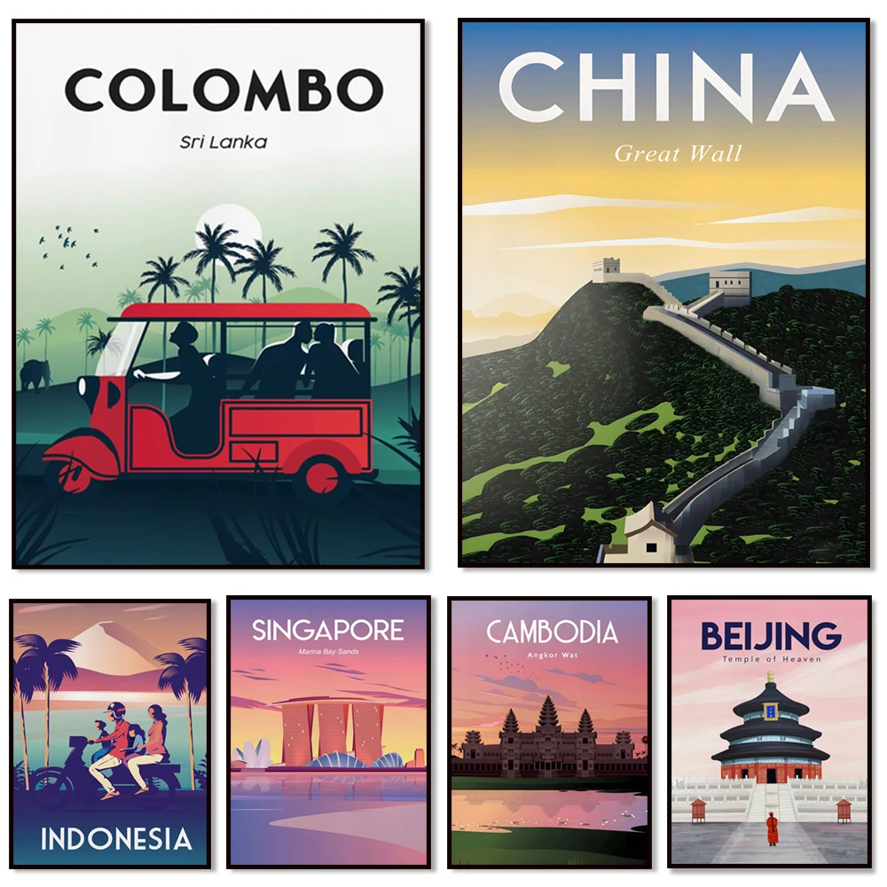 Saigon City Retro Poster - Great wall of China,Istanbul turkey,Singapore Skyline, Colombo Sri Lanka.Travel Poster