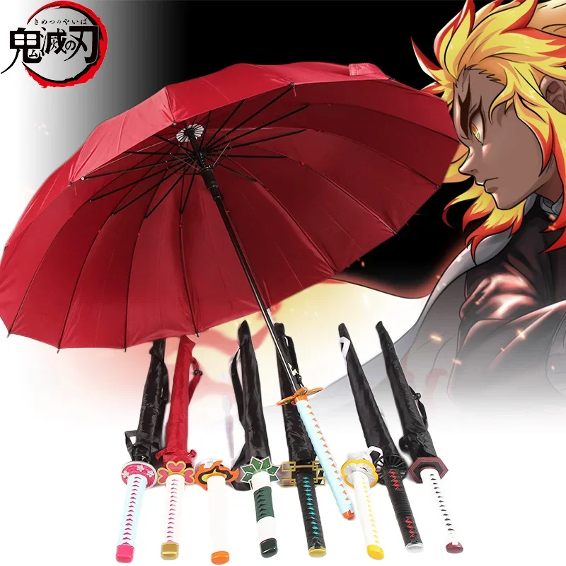 Anime Demon Slayer Katana Umbrellas Windproof Long Handle Kyoujurou Parasol Umbrellas Kimetsu No Yaiba Sunshade Sword Rain Gears