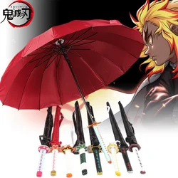 Anime Demon Slayer Katana Umbrellas Windproof Long Handle Kyoujurou Parasol Umbrellas Kimetsu No Yaiba Sunshade Sword Rain Gears