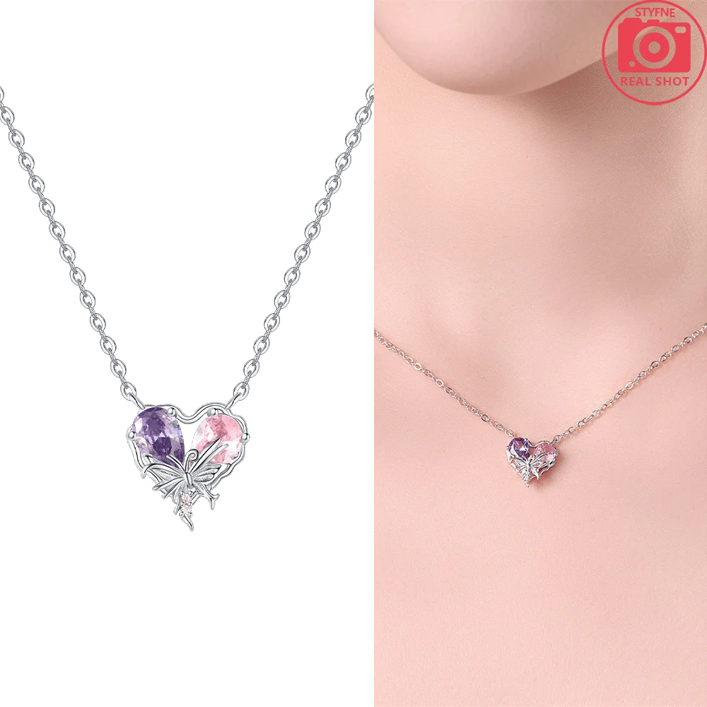 Gradient Color Fish Tail Pearl Necklace Heart Purple Planet Butterfly Necklace Original 925 Silver Jewelry Fine Gift Anniversary