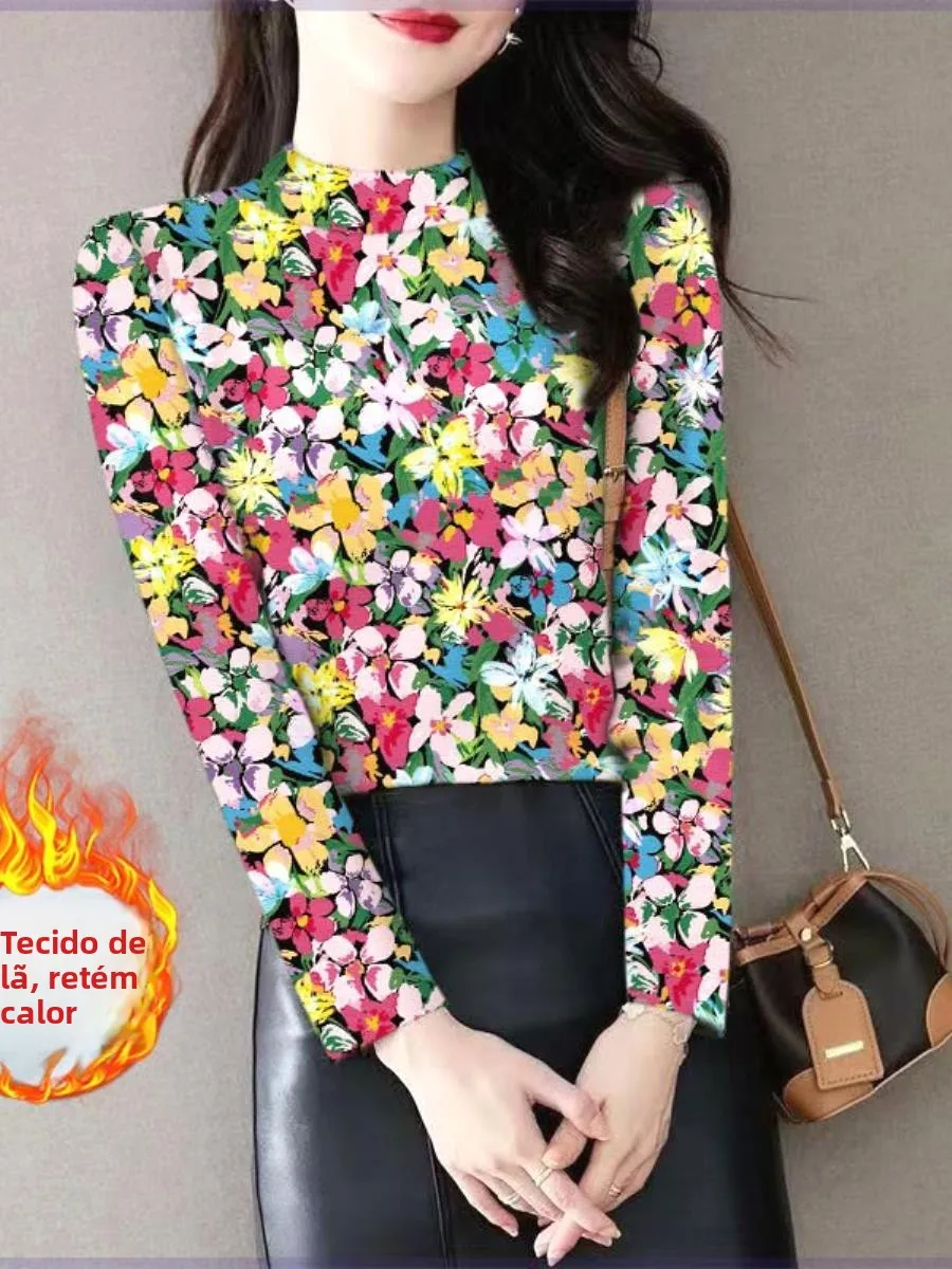 2024年レディース長袖tシャツハーフハイネックベルベット起毛ベースシャツ新作秋冬スリムプリント襟ピン