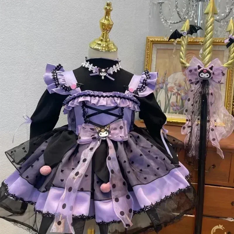 Sanrioed Kuromi Girl Cute Cartoon Lolita Dress Spring and Autumn Birthday Party Role Play Tutu Dress Child Dress Halloween Gift