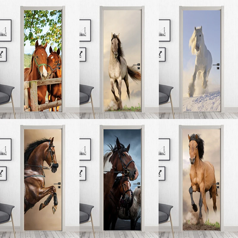 

Minimalist 3D Door Stickers Modern Wallpaper Horse PVC Self-adhesive For Bedroom bathroom Decor Mural Poster