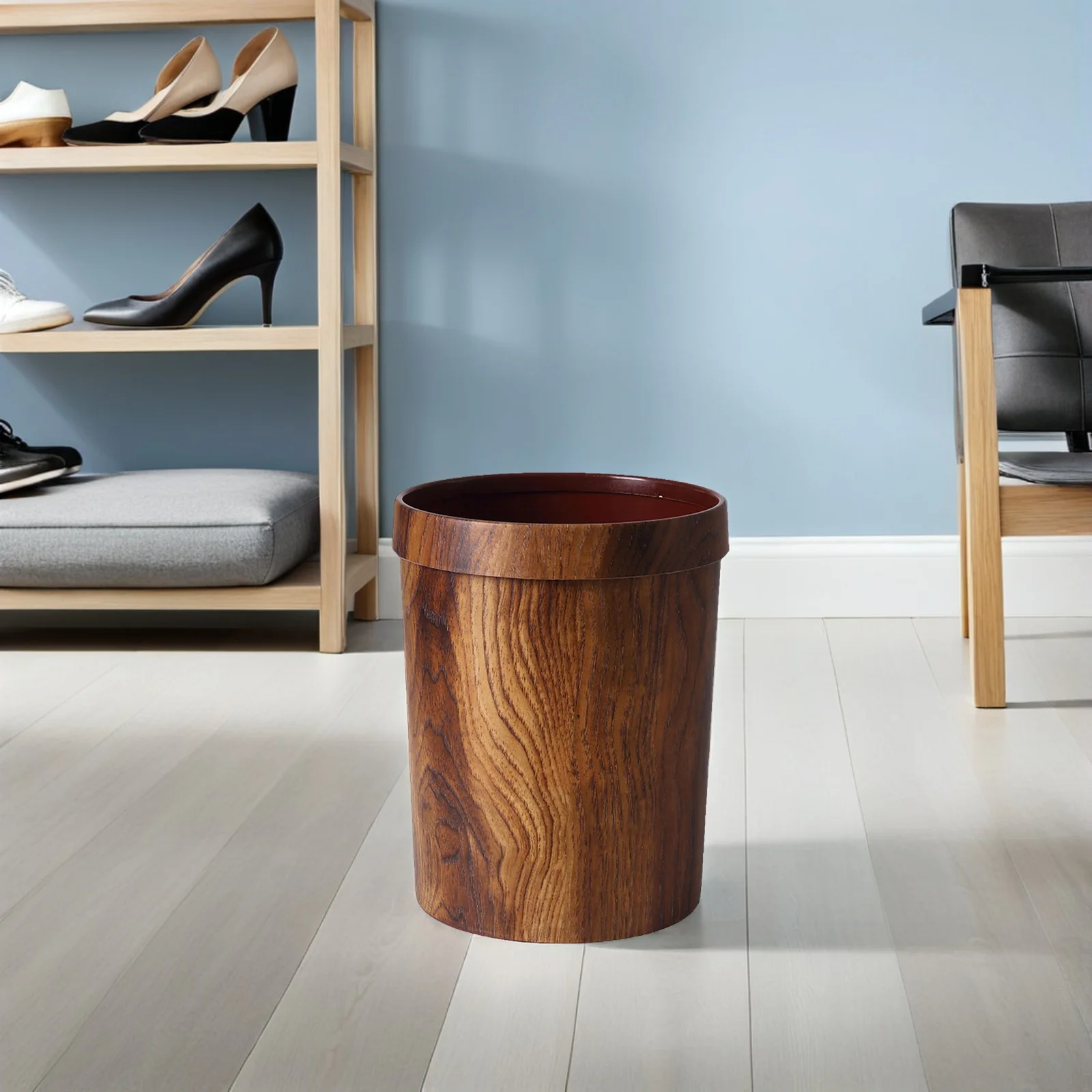

1pc Solid Wood Trash Can Garbage Bin Vintage Pressure Ring Kitchen Living Room Bedroom Use Household Storage