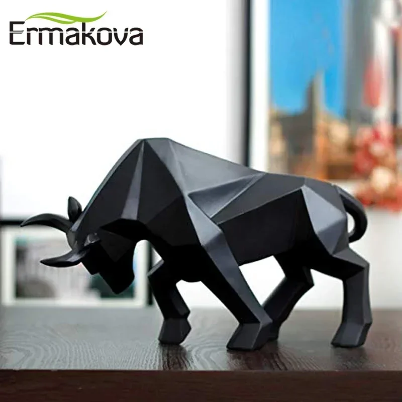 ERMAKOVA Geometric Resin Bull Statue Bison Sculpture Decoration Abstract Animal Figurine Room Desk Home Decoration Gift