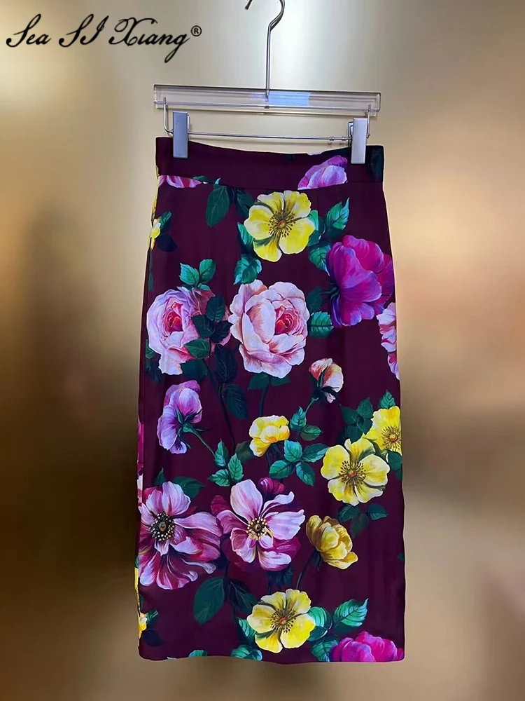 

Seasixiang Fashion Designer Summer Vintage Silk Pencil Skirt Women's High Waiste Flower Print Office Lady Hip Wrap Skirt