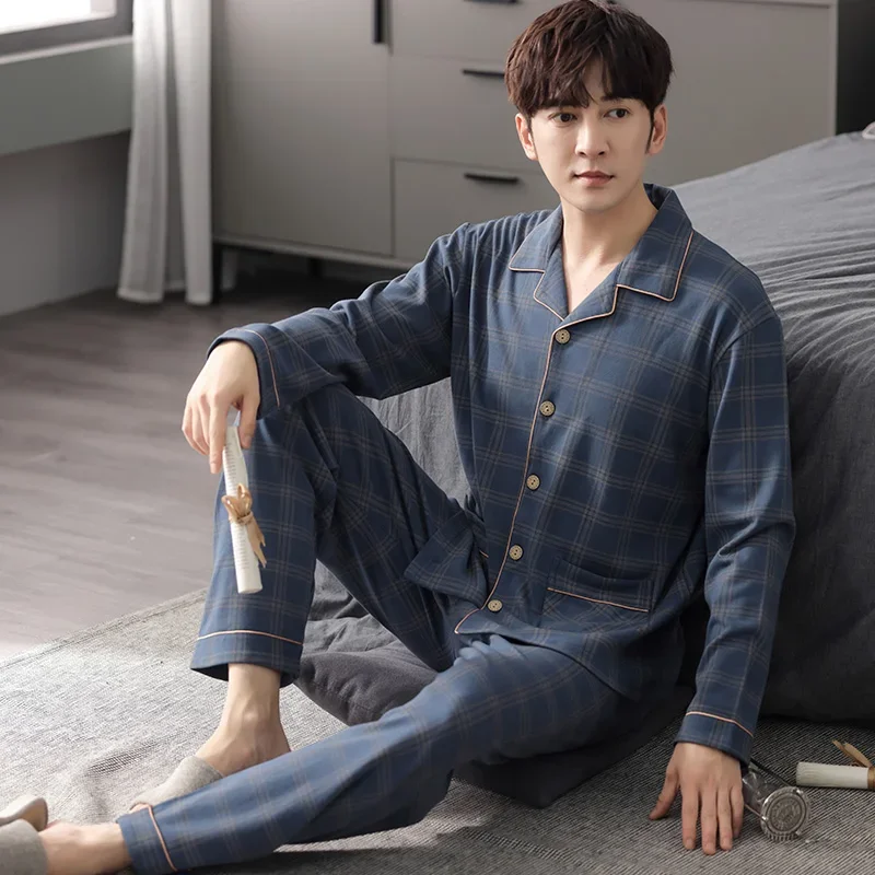 New Arrival Man Pajama Cotton Lapel Long Sleeved Pants Plus Size Pijamas Sleepwear Cardigant Leisure Homewear Nightwear for Male