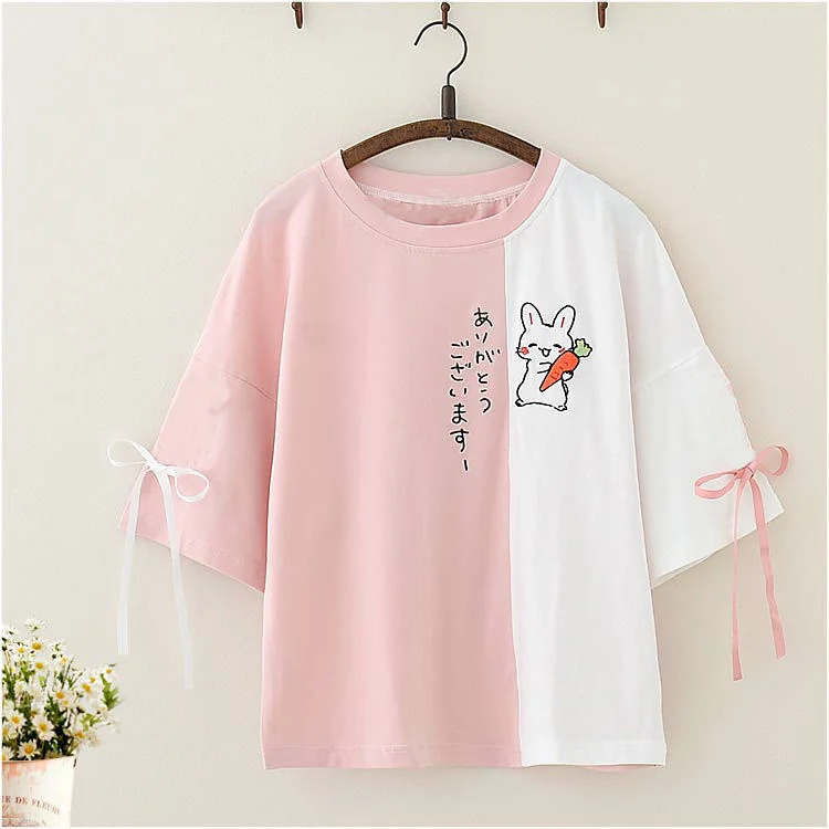 Summer Women Patchwork Color Tshirt Rabbit Carrot Embroidery T-shirts Sleeves Cross Ribbon Bow Tee Shirts Kawaii Girls Tops