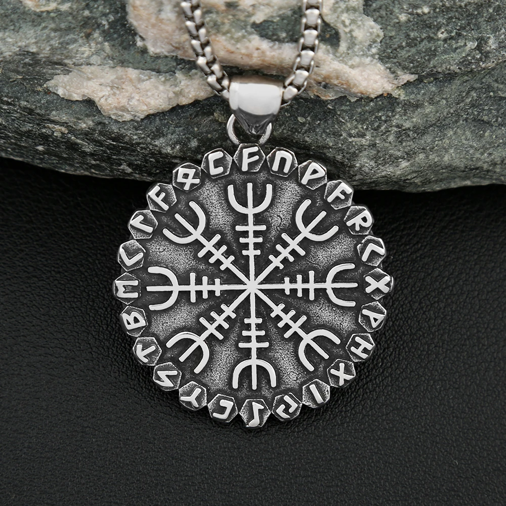 Classic Norse Vikings Compass Rune Necklaces Mens Amulet Vegvisir Pendant Stainless Steel Chain Icelandic Male Jewelry Gifts