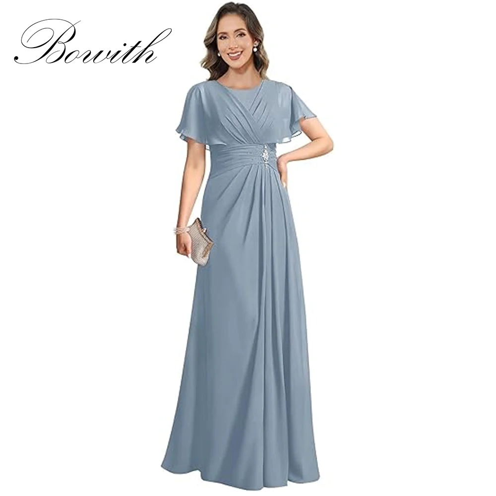 

Bowith Customized Beaded Mother of Bride Dresses for Wedding Pleated Chiffon Long Formal Evening Gowns with Sleeves