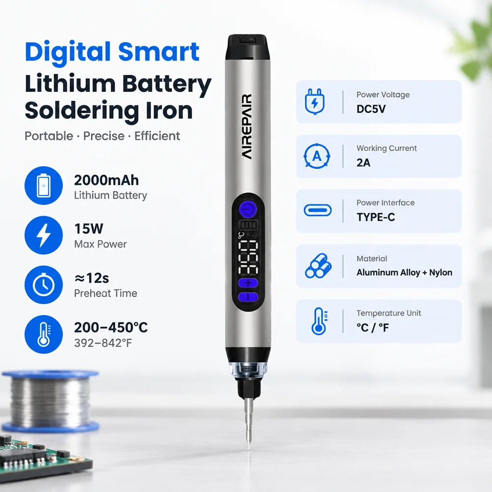 Wireless USB Soldering Iron with Digital Display 2000mAh Battery Fast Heating 200-450℃ for Circuit Board Repair DIY