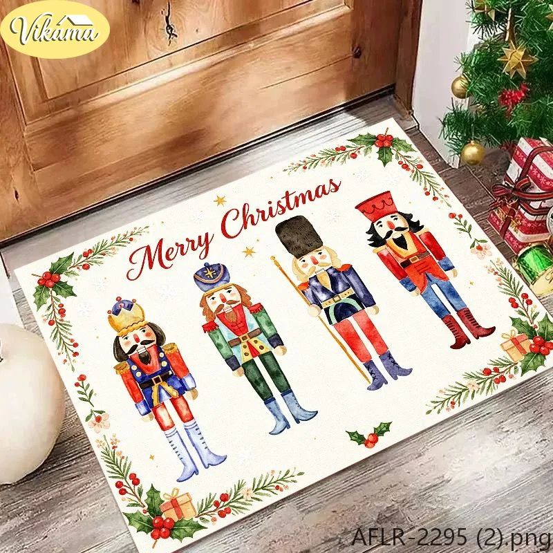 VIKAMA Retro Merry Christmas Doormat Fairytale Nutcracker Non Slip Entryway Mat Festive Home Christmas Decorative Rug Washable