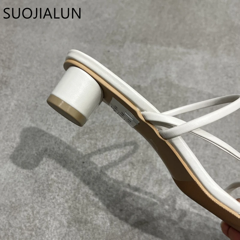 SUOJIALUN Summer Square Low Heel Women Slipper Fashion Narrow Band Ladies Sandal Outdoor Beach Casual Slides Shoes Big Size 40