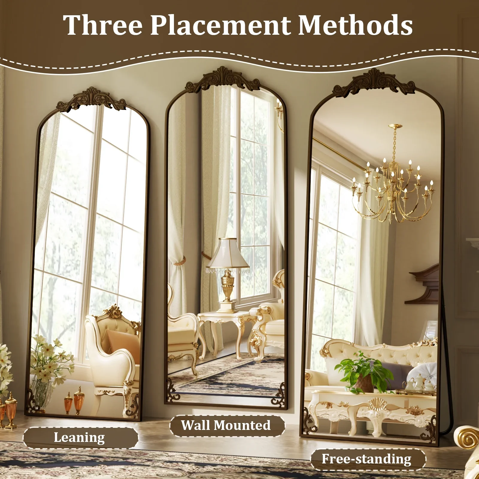 BEAUTYPEAK Full Length Mirror with Baroque Flower Head Design Wall-Mounted Mirror image 6