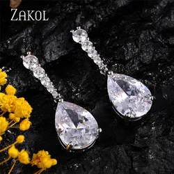 ZAKOL White Water Drop Cubic Zirconia Dangle Earings for Women Bridal Wedding Jewelry