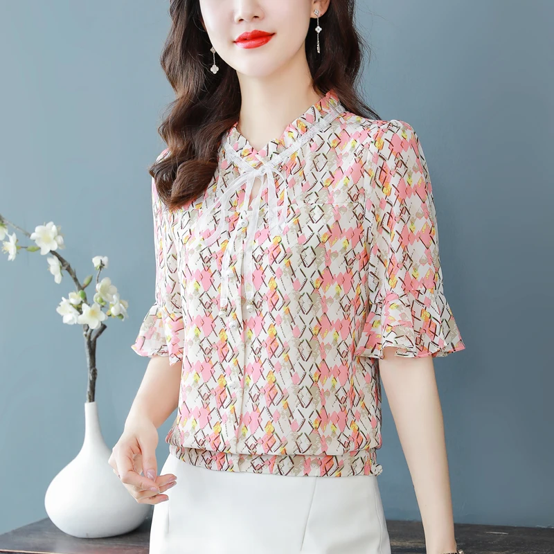 Women\'s Korean Fashion Print Ruffle Lace Up Blouse 2024 New Summer Elegant Short Sleeve Shirt Chic Slim Sweet Tops Casual Blusas