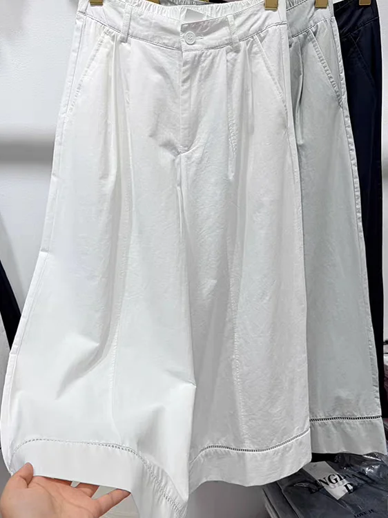 Damskie spodnie casualowe z wysokim stanem, proste nogawki, ażurowe wstawki, cienkie, szerokie nogawki, długość 7/8, nowość na lato.