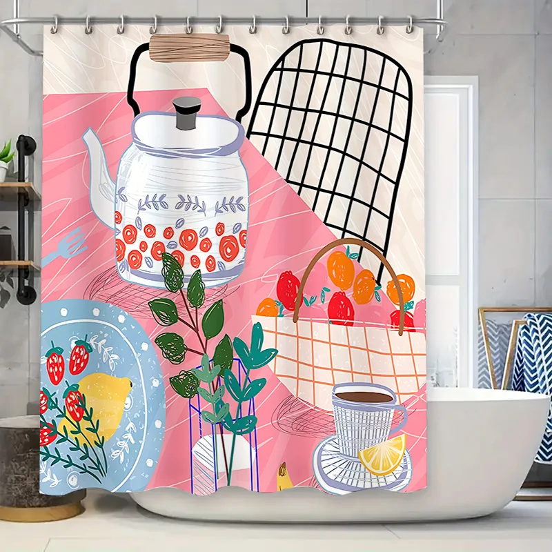 Colorful Kitchen Themed Bath Curtain Tea Pot Fruits Plants Pattern Waterproof Fabric with Hanging Rings Ideal for Bathroom Decor