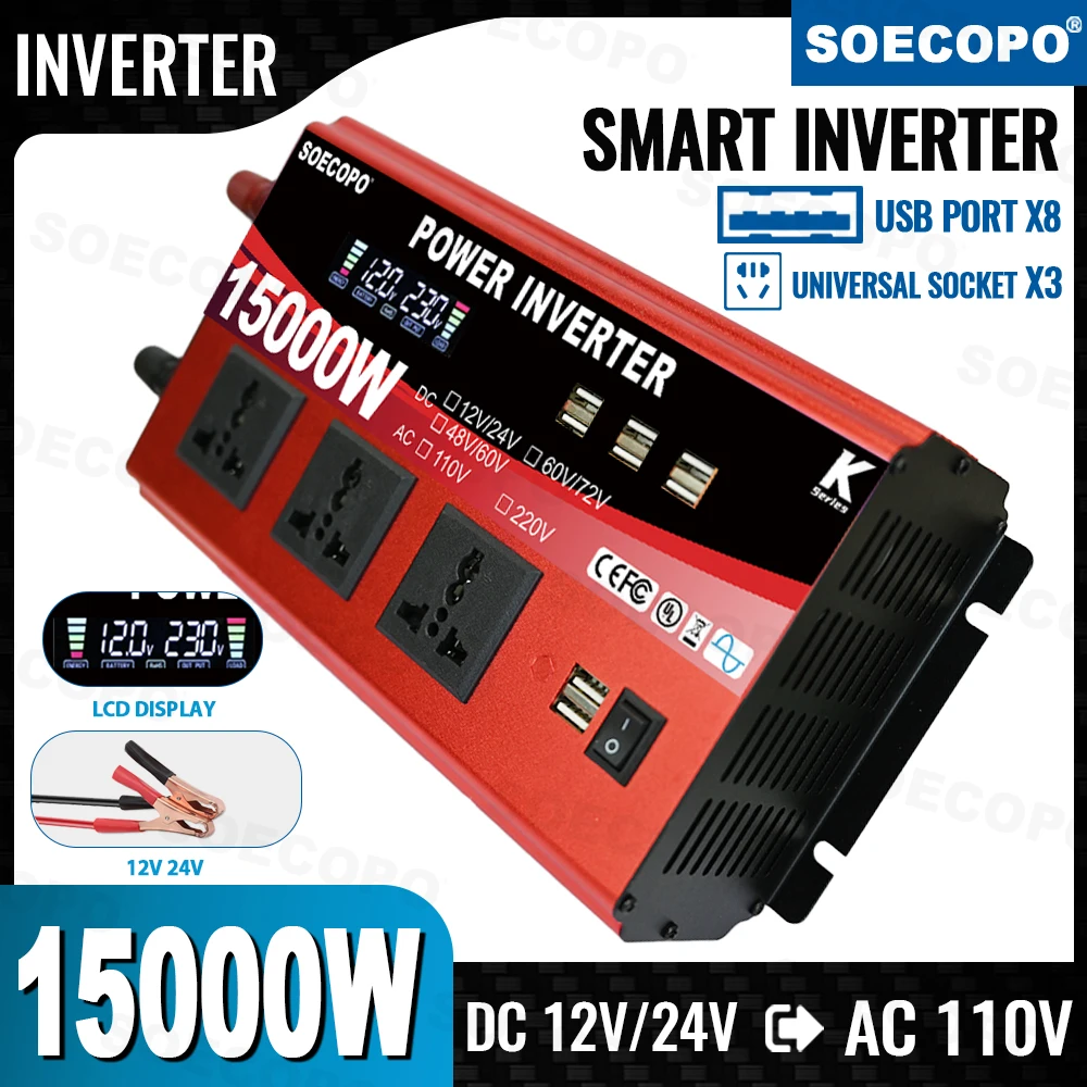 SOECOPO 15000W Car Dual - Voltage Inverter DC 12V 24V To 110V 60Hz 3 Universal Sockets 8 USB Ports Car Voltage Converter Camping