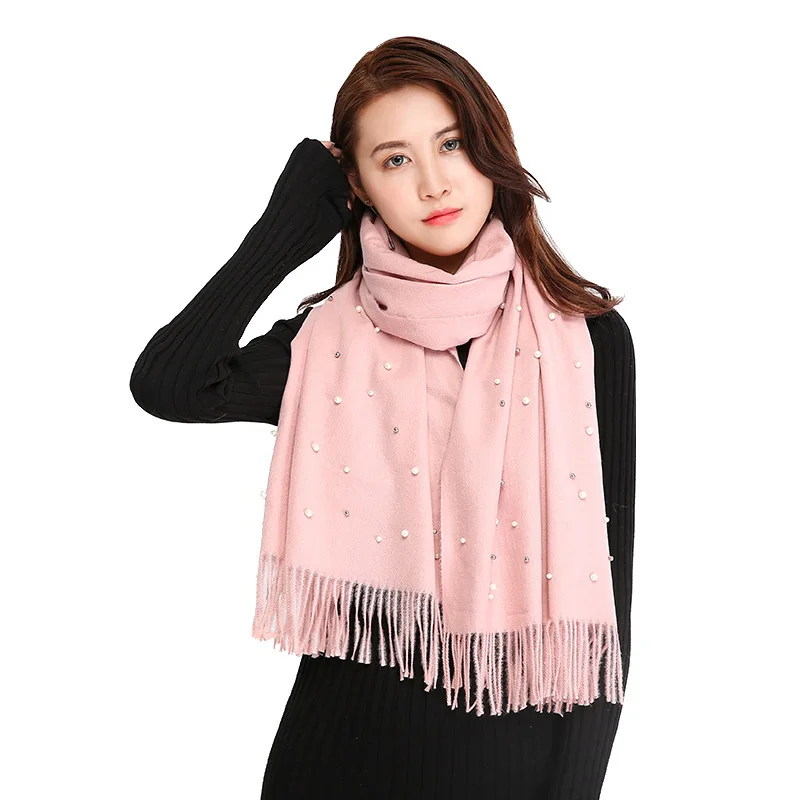 2023 Autumn and Winter New Style Imitation Cashmere Solid Color Spiked Beads Women's Scarf Thickened and Warm with Tassel Shawl