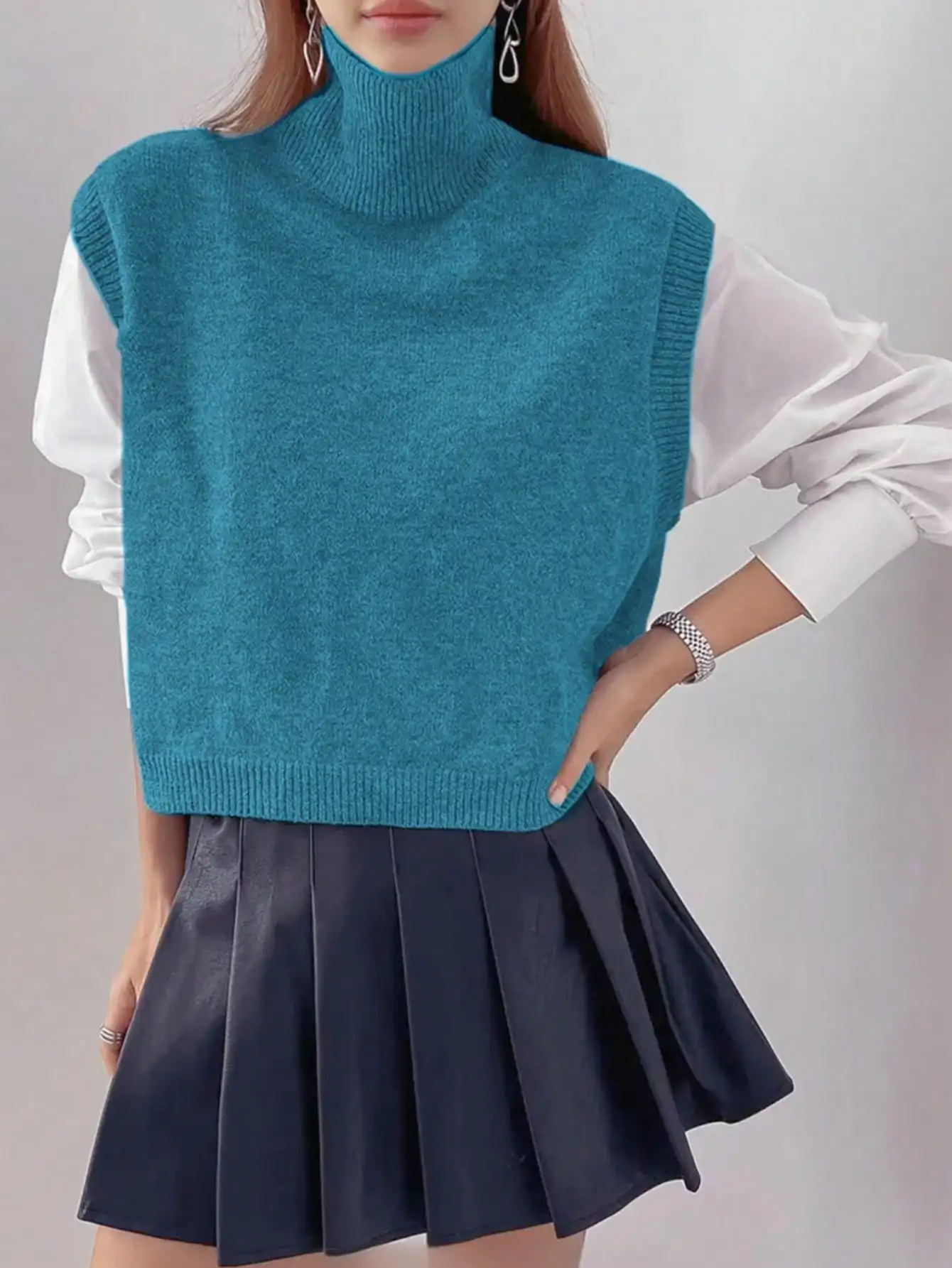 

Elegant Women's Mock Neck Knit Pullover Vest, Perfect Choice for Spring and Autumn Outings