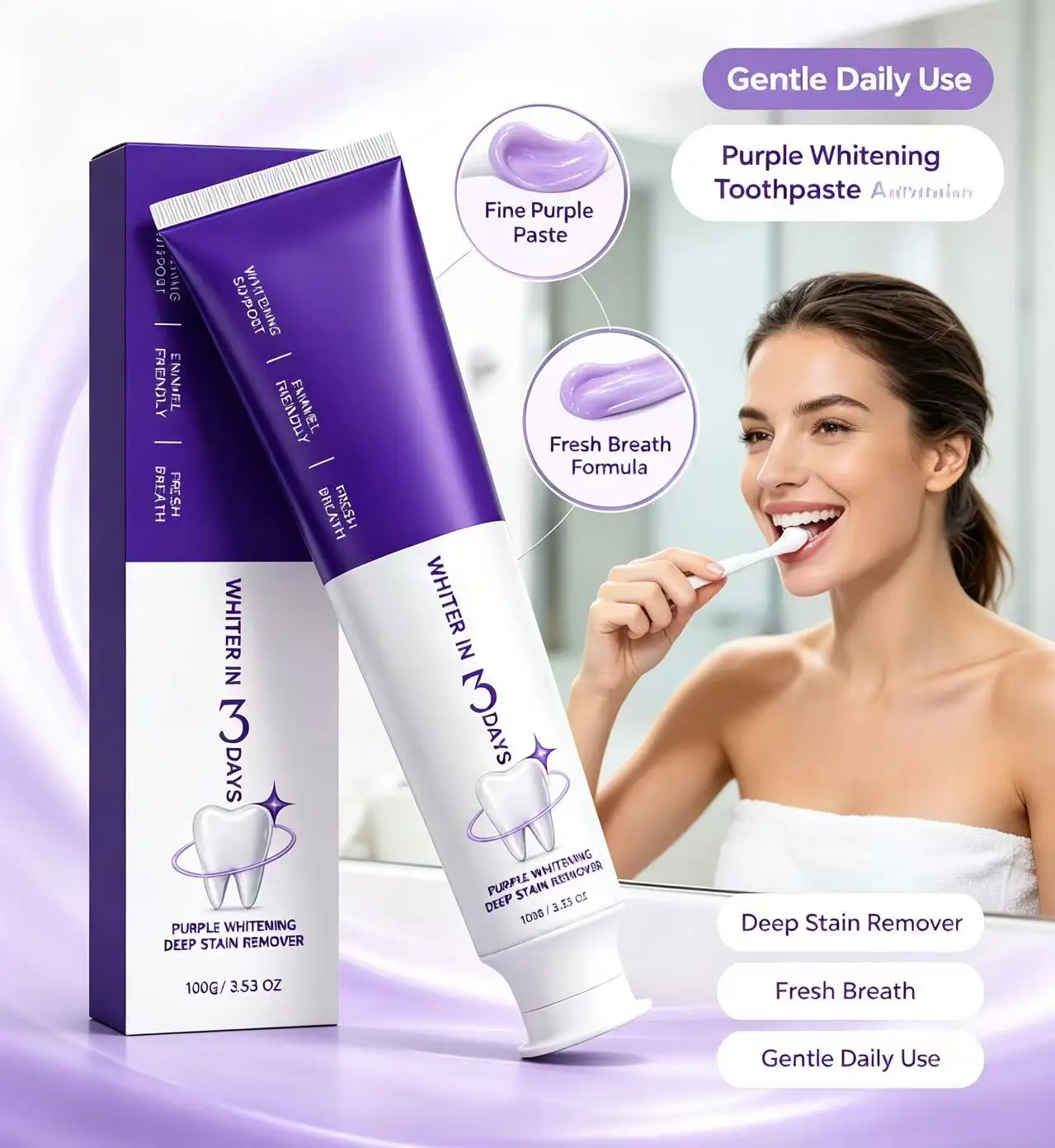 Purple Whitening Toothpaste 100G Deep Stain Remover Gentle Enamel Friendly Toothpaste For Fresh Breath Daily Teeth Care