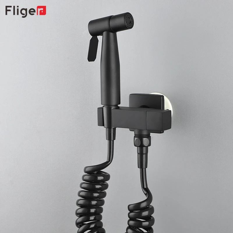 Fliger Bidet Faucet Black Handheld Bidet Sprayer Set Toilet Faucet Hygienic Shower Single Cold Water Tap Bathroom Shower Head