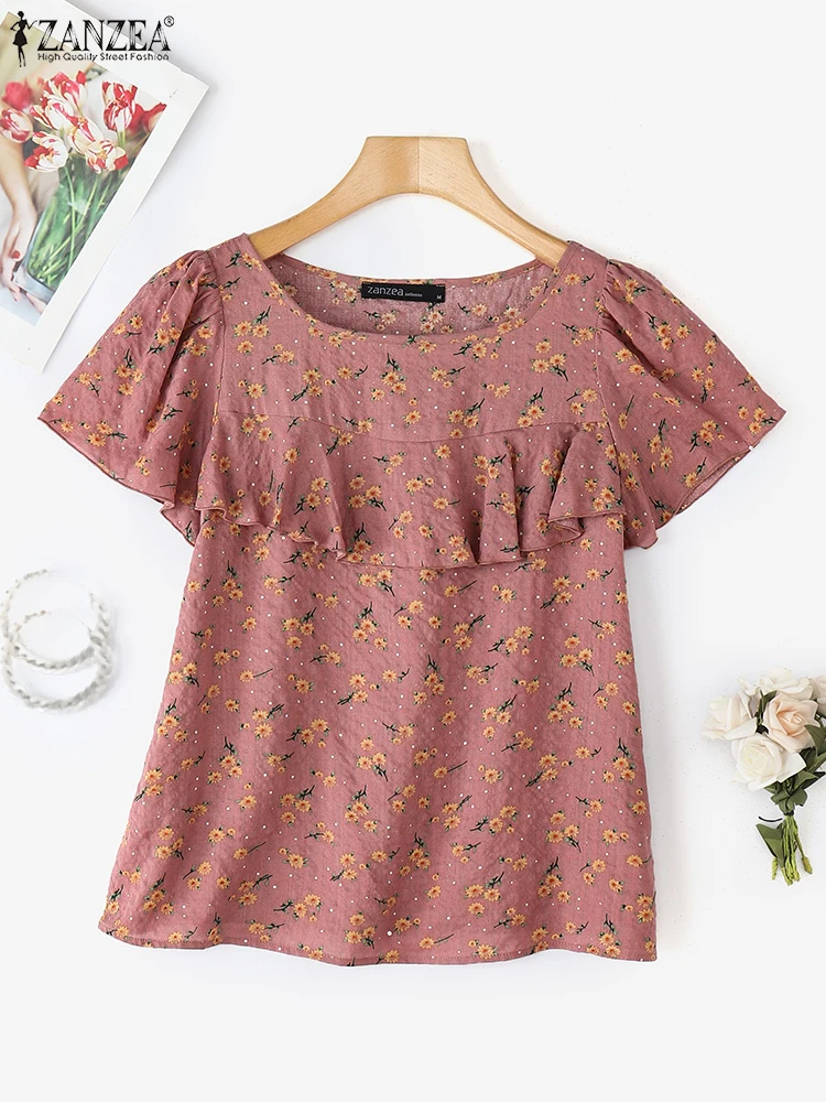ZANZEA Summer Women Blouse 2025 Fashion Floral Print Shirts Short Sleeve Ruffled Tunic Tops Casual Loose Beach Blusas Femininas
