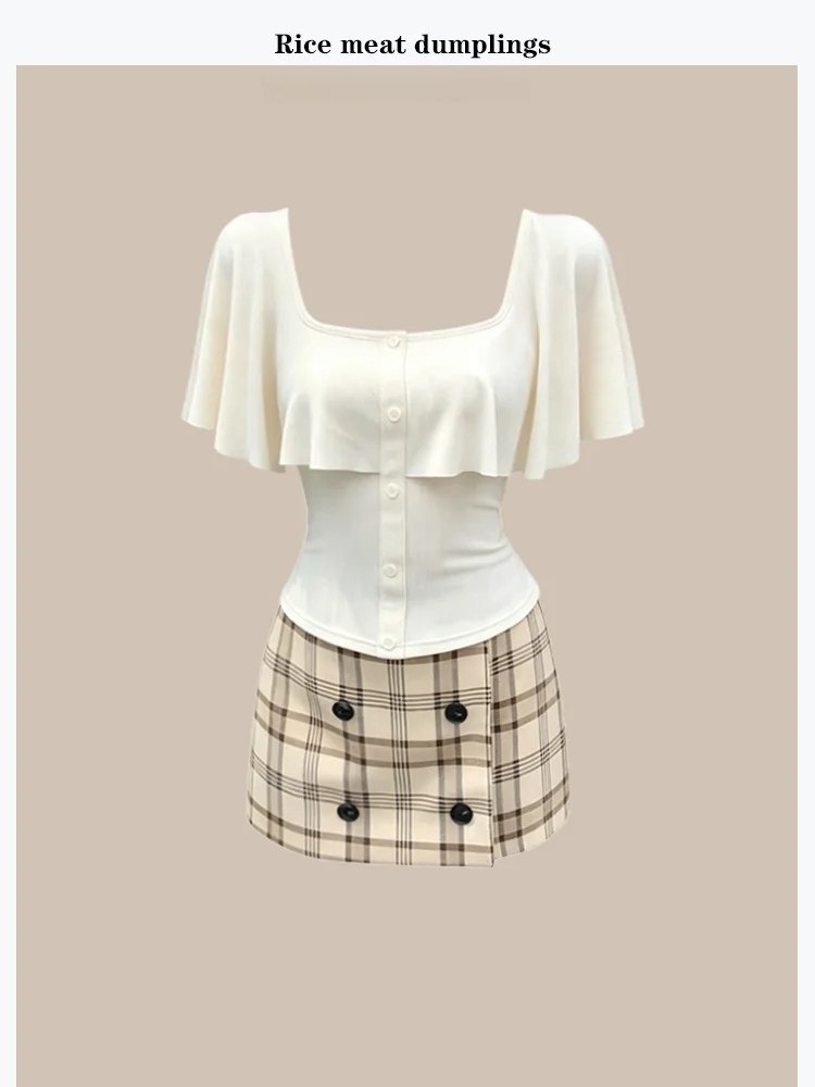 

Summer Korean Style One Shoulder Fly Sleeve Ruffle Hem Plaid Halter Neck High Waist Midi Skirt And Top Set Women's Fashion