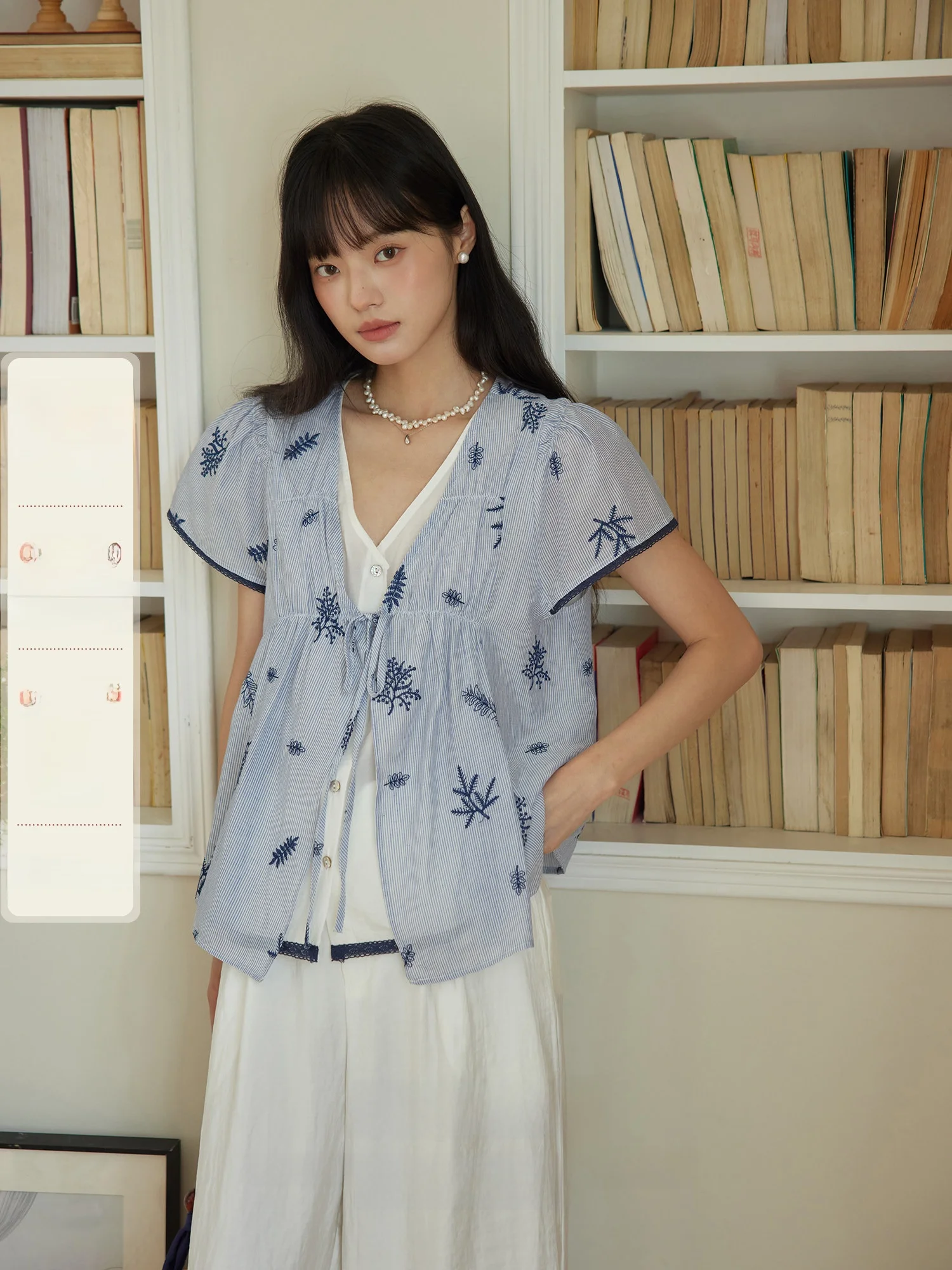 

ORWhite Vintage Knot ort Sve irt Women's Fake Two-Piece Slimming Summer Driftin Regular Fit V-ne Stripe