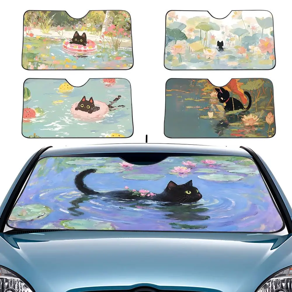 Gato de dibujos animados en hoja de loto parasol para coche cortinas parabrisas ventana delantera 70x130cm visera solar protección a cuadros regalo novedad coche