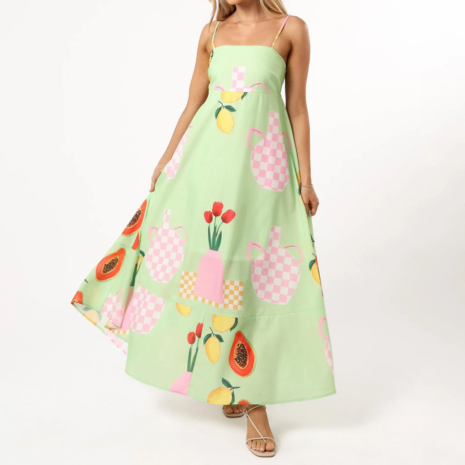 2025 Vestidos Women’s Summer Long Dress Casual Floral Fruit Print Sleeveless Spaghetti Strap Loose Beach Dress Flowy Dress