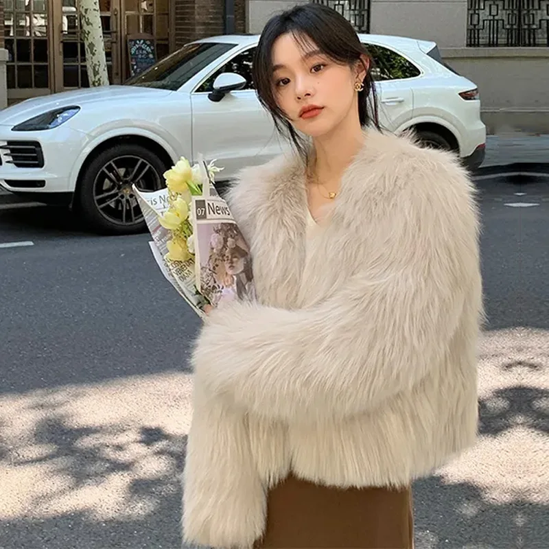 FANIECES Faux Fur Coat Women Luxury Collarless Short Fur Outwear Winter Elegant Thick Artificial Fur Jacket Warm Shaggy Overcoat