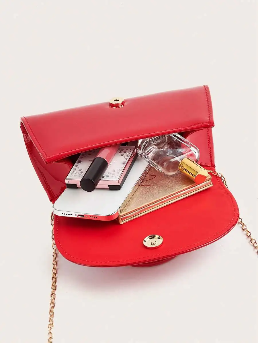 

Red Solid Color Flap Evening Clutch Bag With Chain Strap For Women Party Wedding