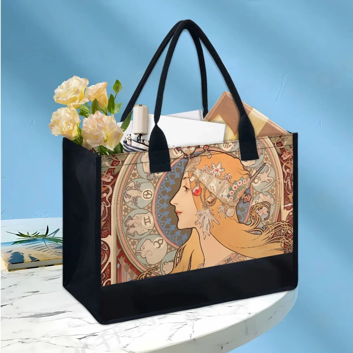 

Elegant Handle Large Capacity Tote Bags For Women Alphonse Mucha Designer Retro Girl Shoulder Bag Travel Party Trend Handbags