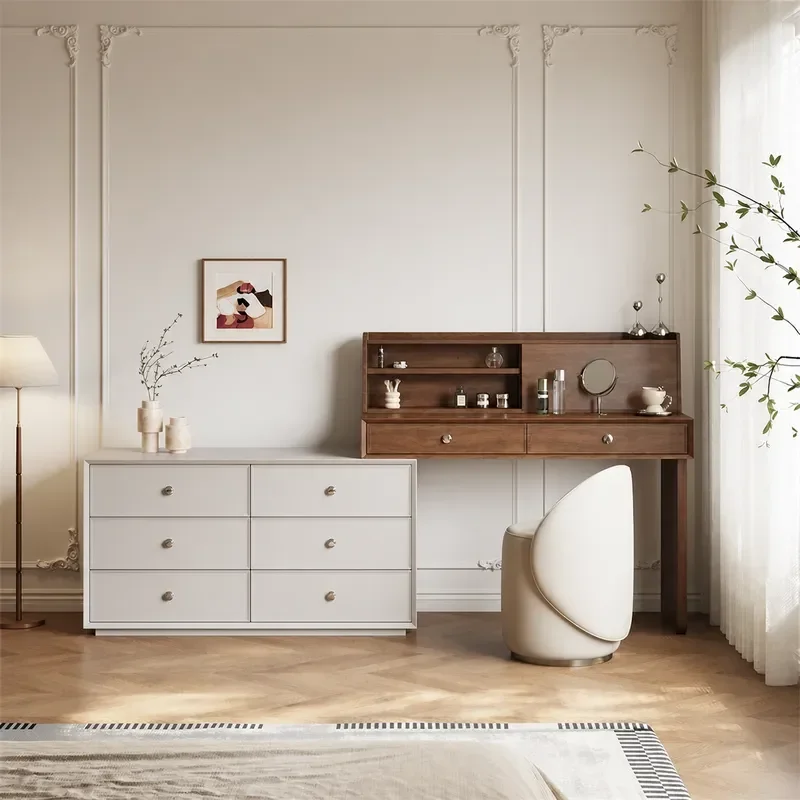 Walnut Dresser Medieval Cream Style Small Apartment Bedroom Chest Integrated Solid Wood Makeup Table Song Style Aesthetics