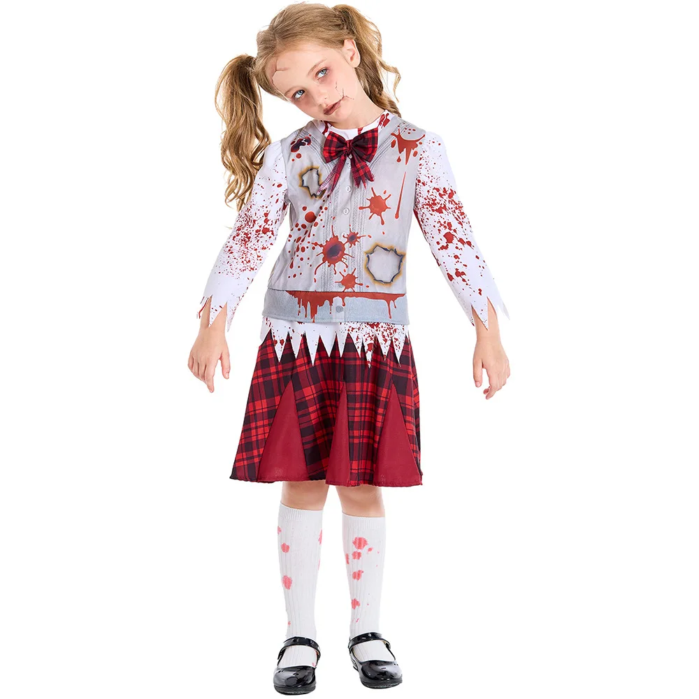 Kind Rode Geblokte Student Jurk Halloween Zombie Cosplay Kostuum Enge Kids Halloween Party Carnaval Kostuum Verkleedkleding