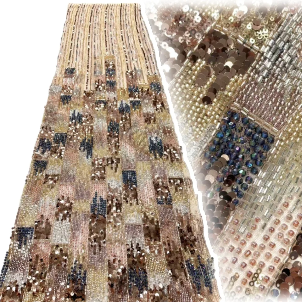 

Gold Luxury Delicate Elegant French Handmade Beaded Lace Fabric Luxury Nigerian African Sequin Lace Fabric Evening Gowns AH1422