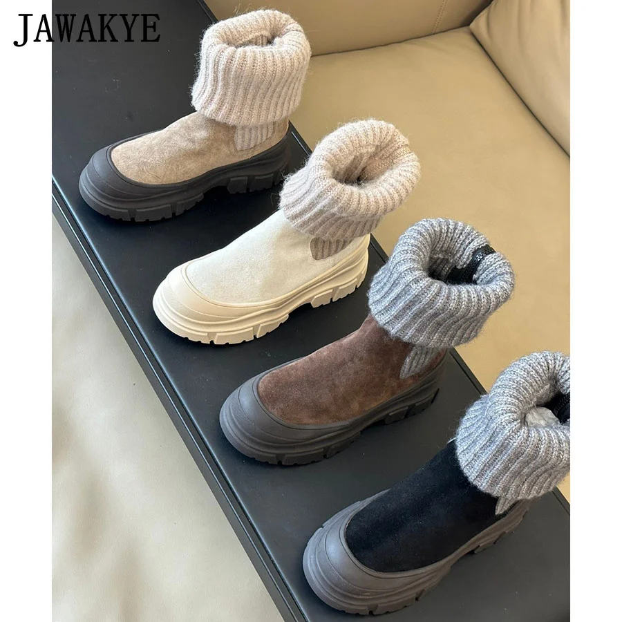 Thick Sole Suede Leather Ankle Boots Women Round Toe Knitted Collar Designer Short Boots Winter Casual Brand Snow Boots Mujer