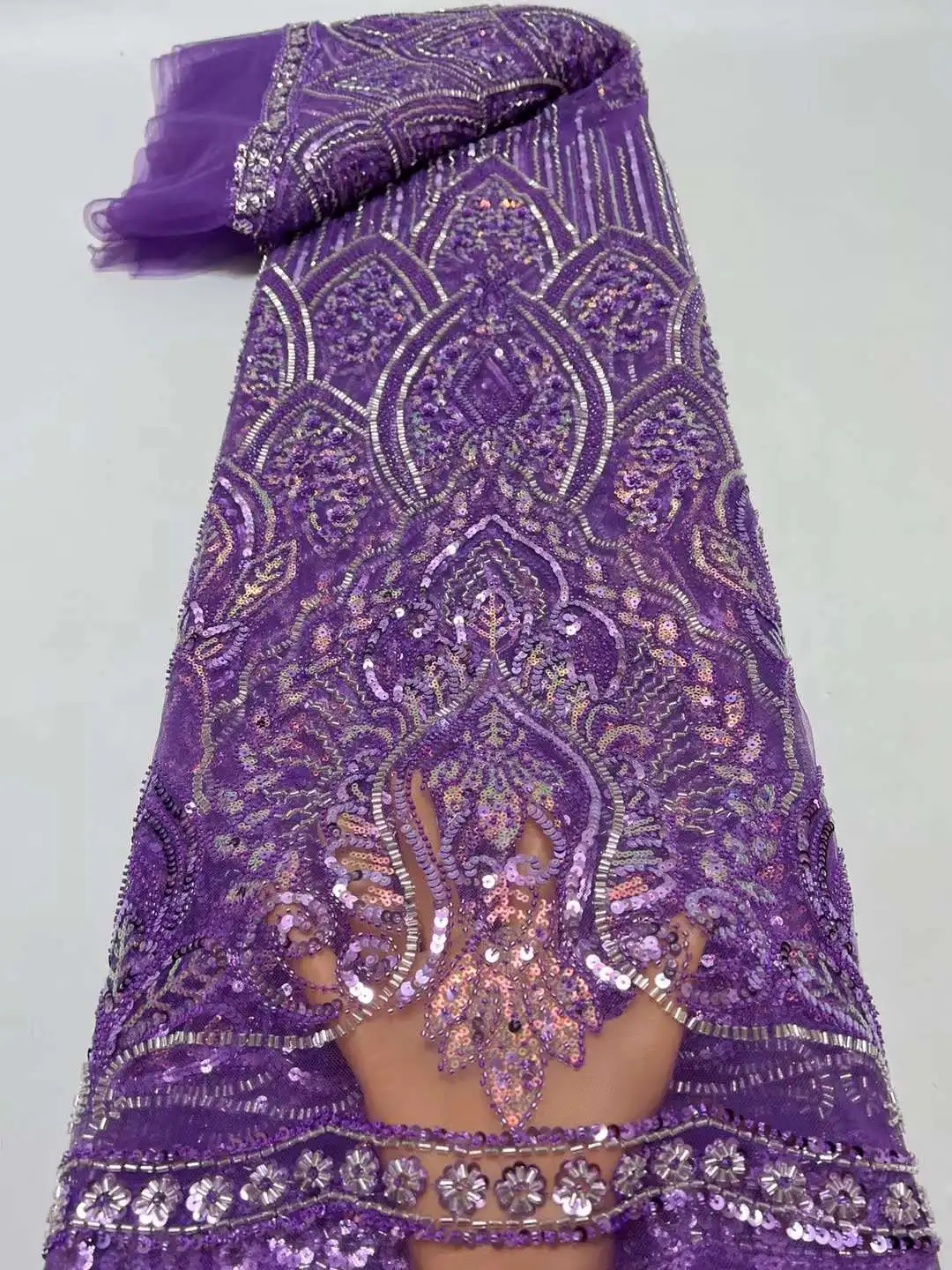 Purple Color Top Selling French Nigerian Shinny  Sequins Beads Lace Fabric 19JRB-42406 Embroidered Lady Show or Party Dress