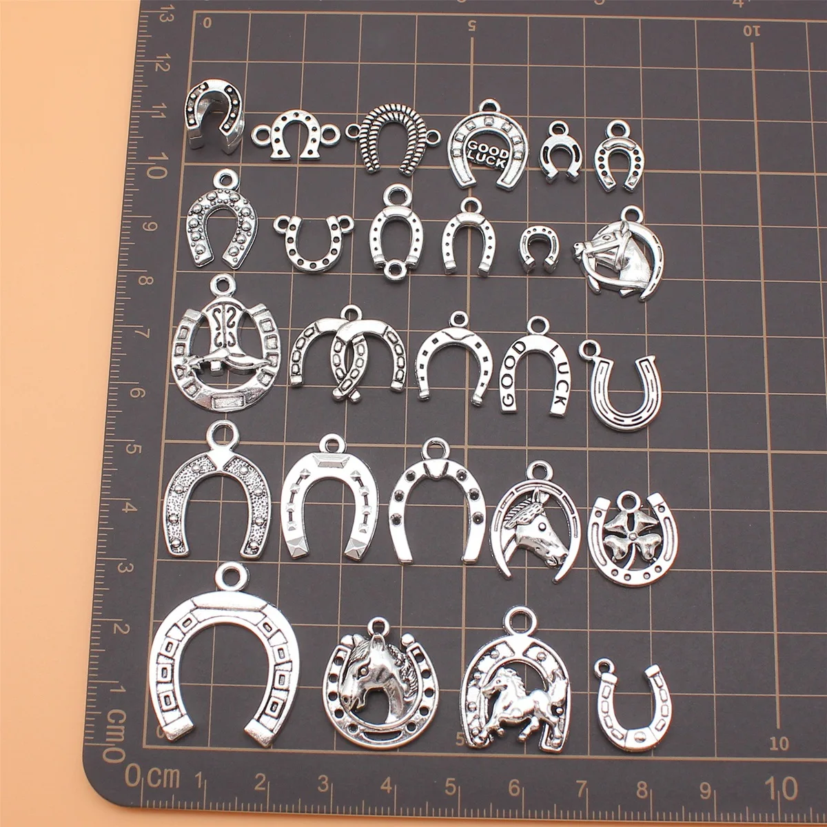 26pcs Antique Silver Color Lucky Horseshoes Charms Collection For DIY Jewelry Making, 26 Styles, 1 of Each