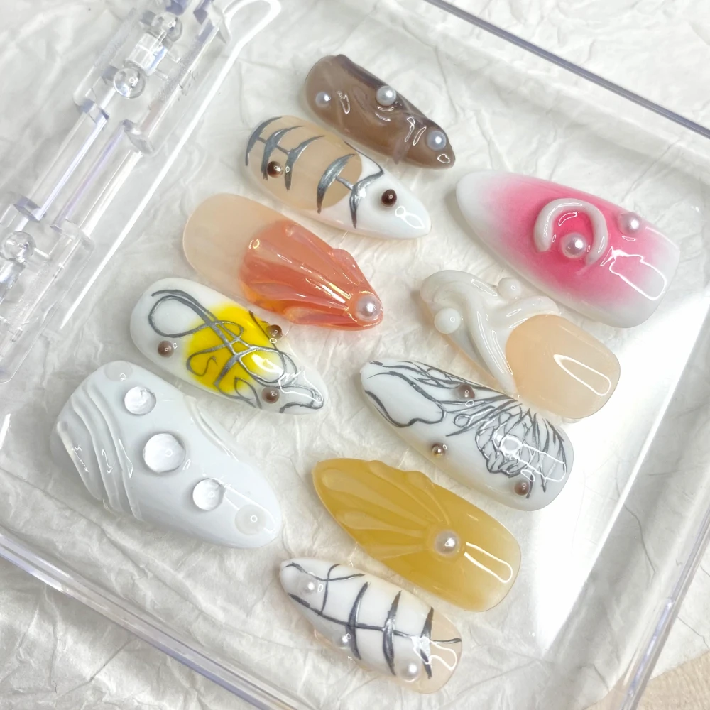 10 Pcs Handmade Manicure Medium Almond Fake Nails 2024 New 3D Limited Nails Press On Nails Design with Adhesive Nail File Set