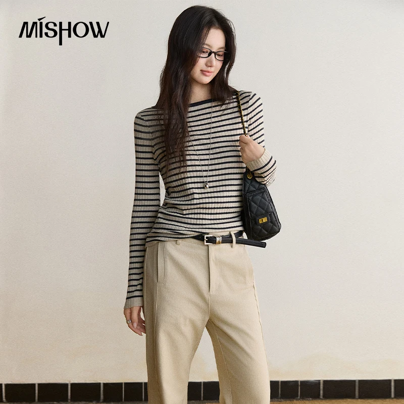 MISHOW Women's Wool Striped Knit T-shirt 2026 Autumn Slim Long Sleeve Crew Neck Top Casual Versatile Tees Office Lady MXF47Z3295