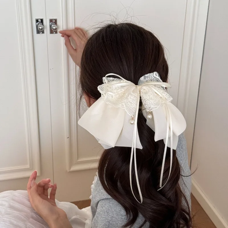 

Французская заколка-краб для волос с бантом и лентами, бежевая, с кружевной отделкой, элегантная, для полупучка или хвоста, милые повседневные аксессуары для волос