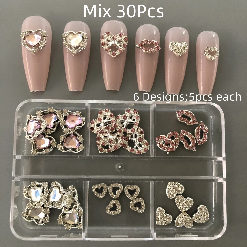 30pcs French Gorgeous Heart Diamond Hollow Out Love Crystal Rhinestone Lips Alloy Fingernails Ornament Nail Art Charms Decor