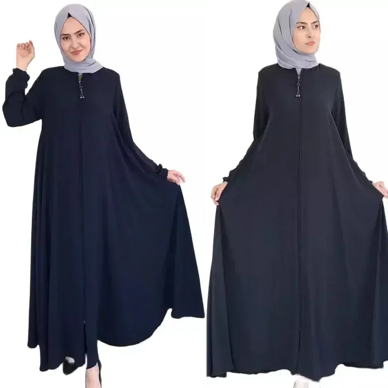 Gaun Kardigan Muslim Wanita Warna Solid Melayu Turki Dubai Ritsleting Jubah Abayas untuk Wanita Dubai Buka Abaya Pakaian Islami