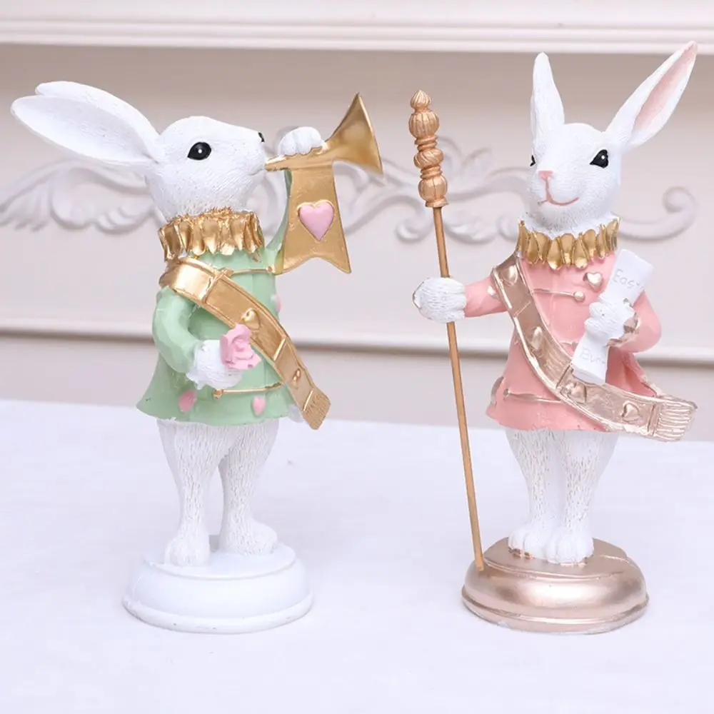 

Cute Easter Bunny Figurine Resin Crafts Festival Rabbit Statue Ornament Realistic Scepter Trumpet Design Animal Sculpture