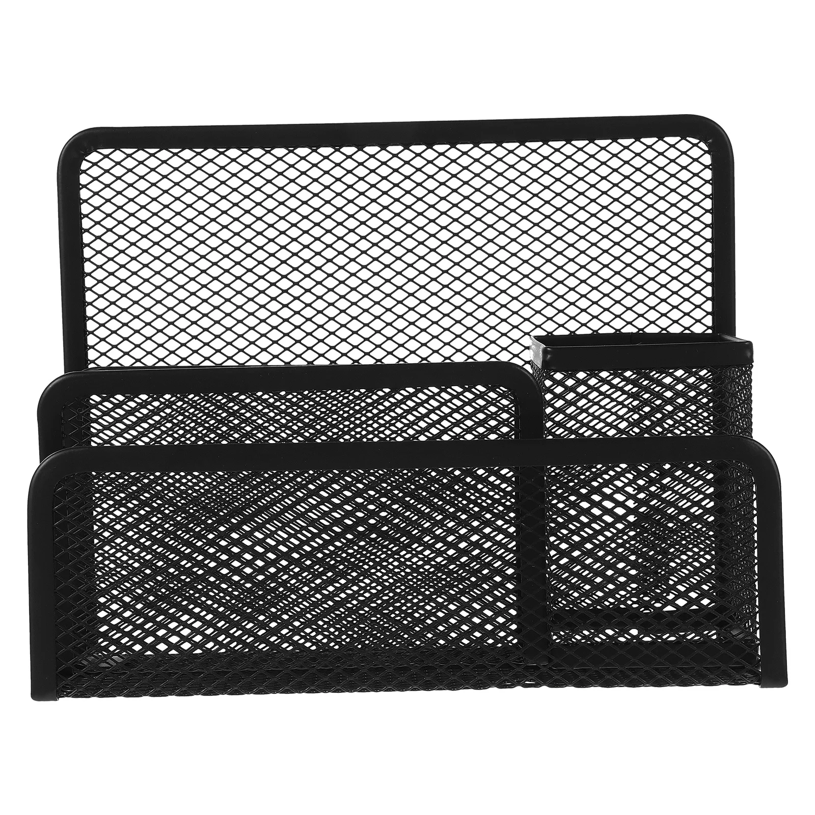 

Iron Mesh Desktop File Organizer with Pen Holder Black Magazine Stand Up Folder Storage for Office Document Management