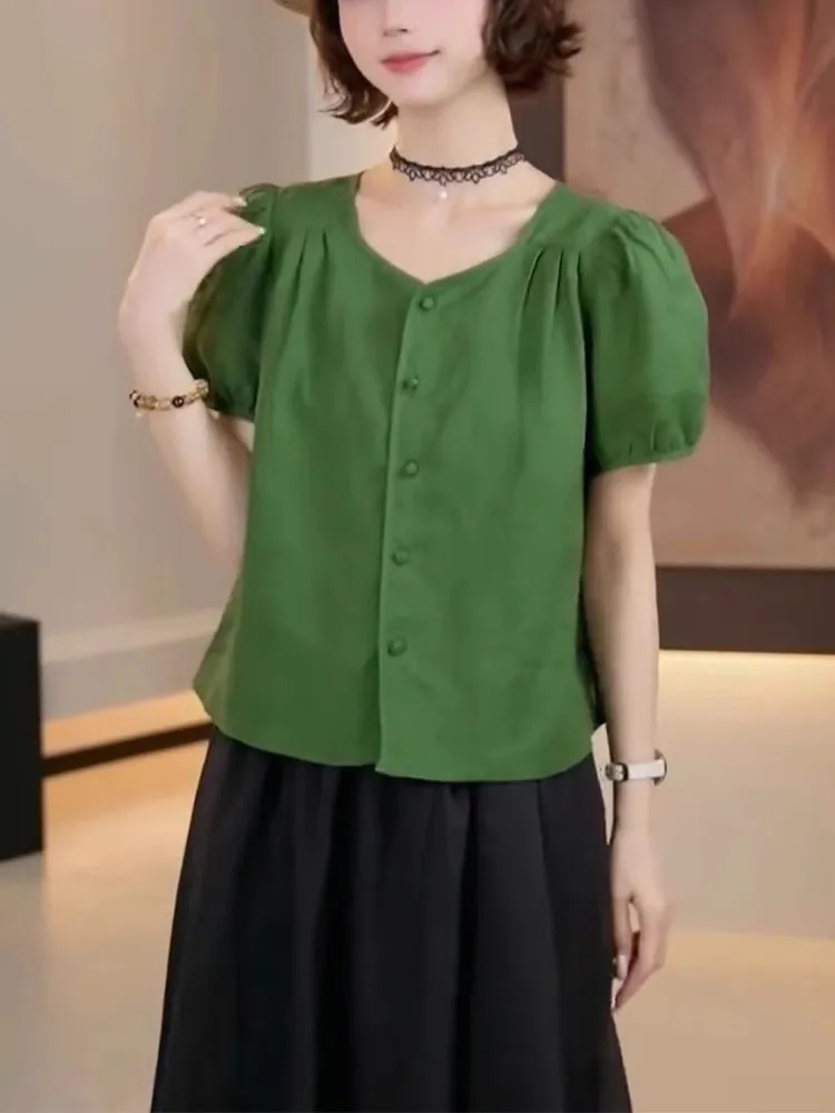 

Ретро-топ с плиссированными рукавами-фонариками, женский, свободный, стройнящий, на одной пуговице, летний, новый, из высококачественной ткани